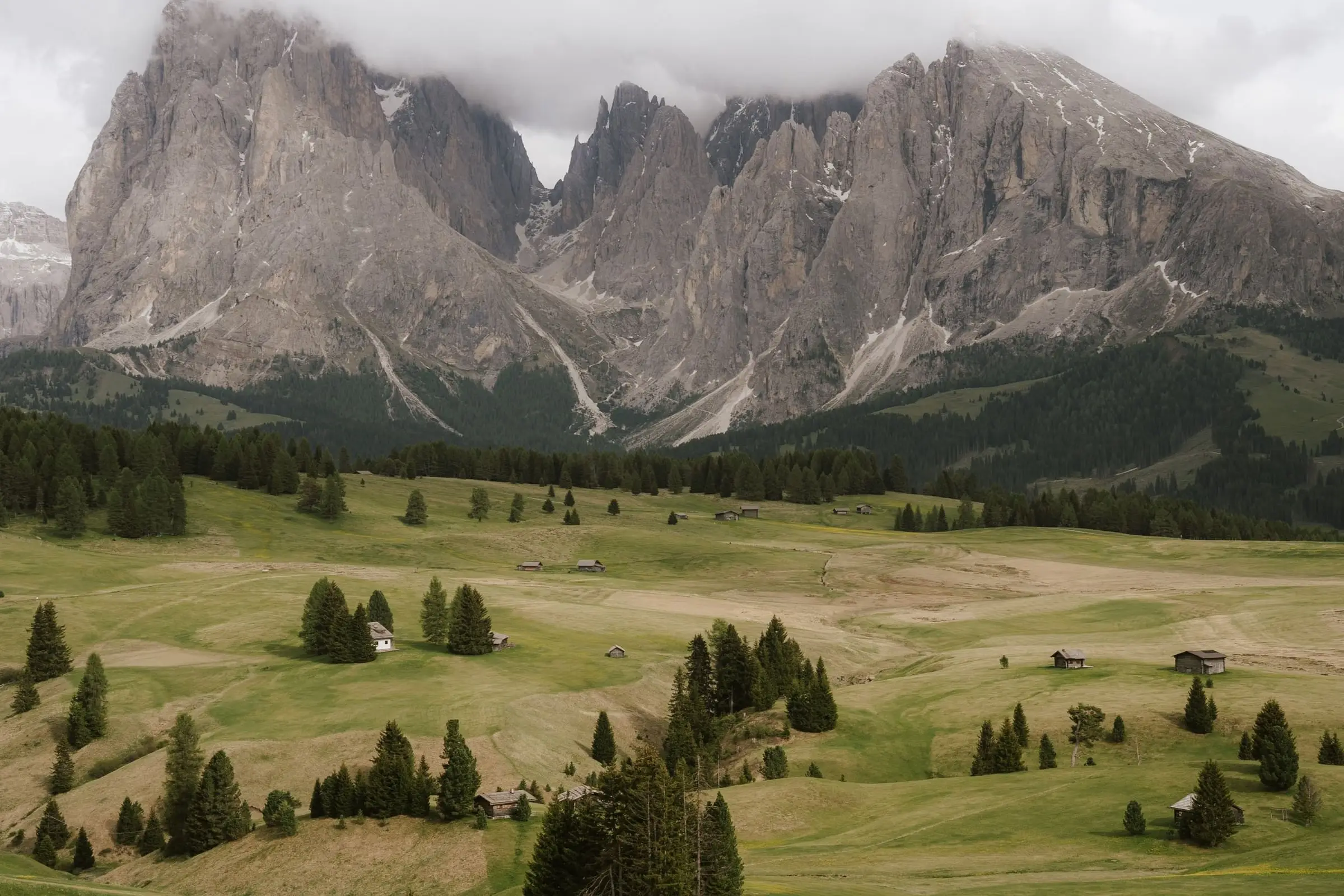 The Sassolungo and Sassopiatto rising above the meadows and huts of the Alpe di Siusi