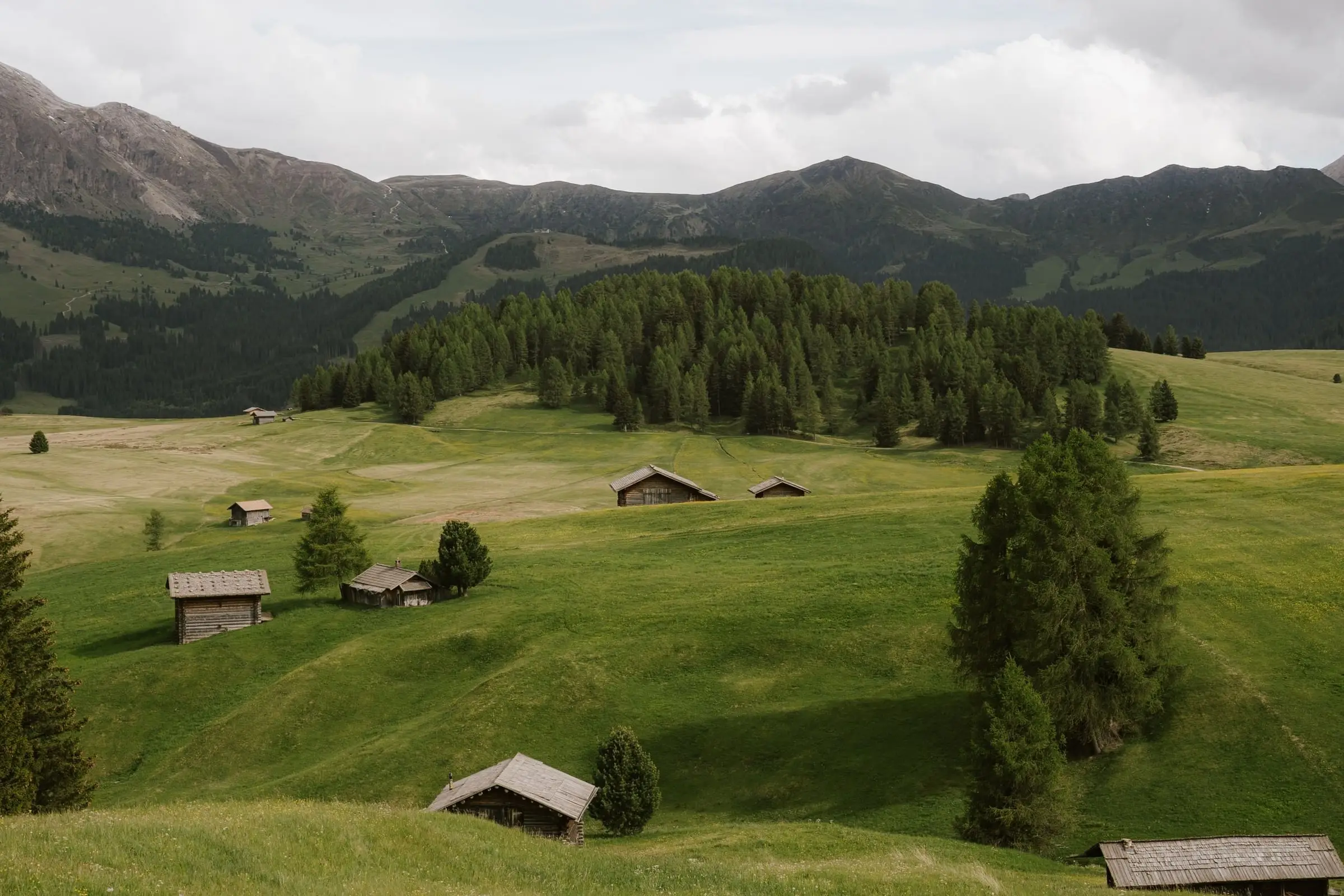 Wooden huts scattered across the green hills of the Alpe di Siusi