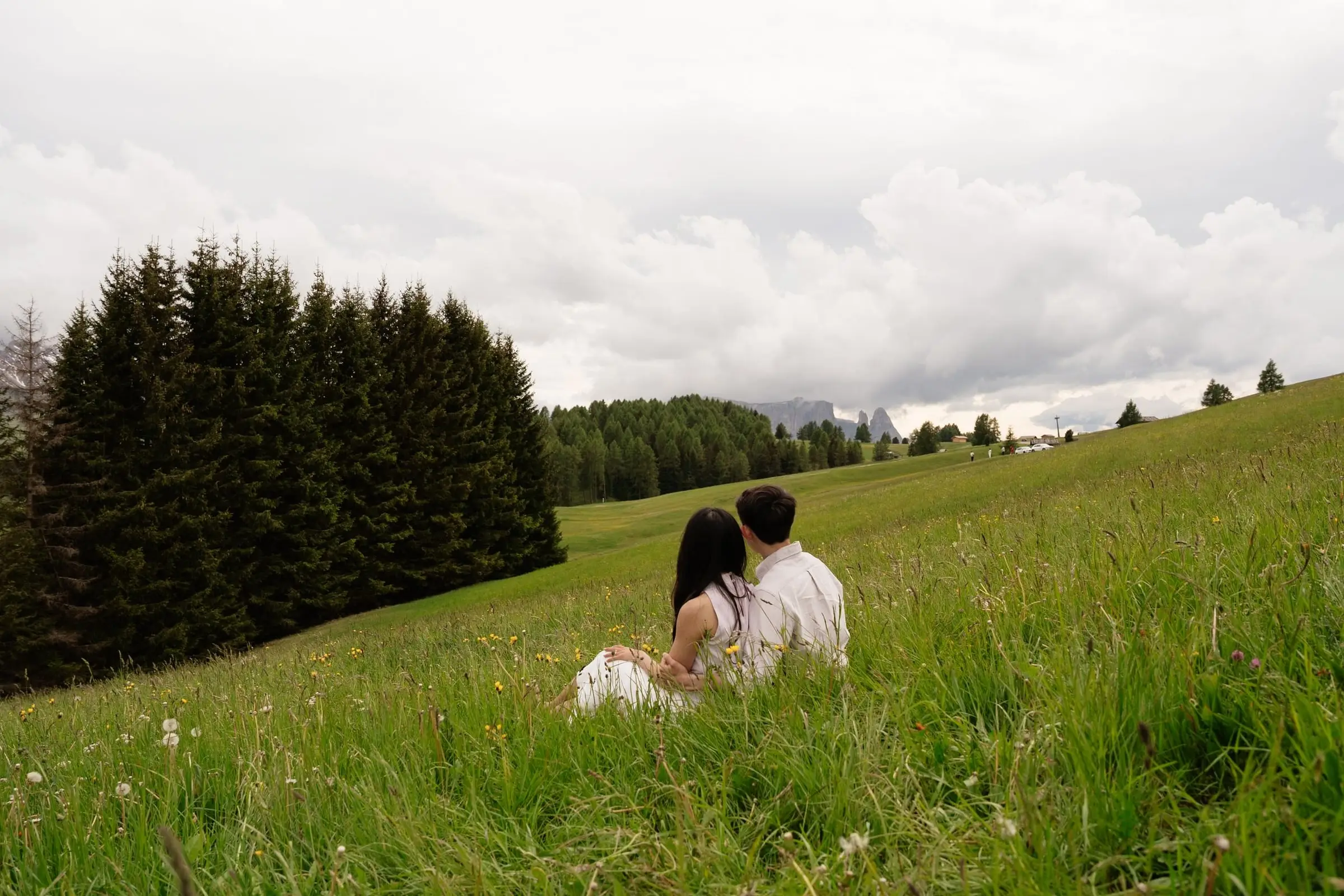 Couple sitting together in tall grass beside a dark forest