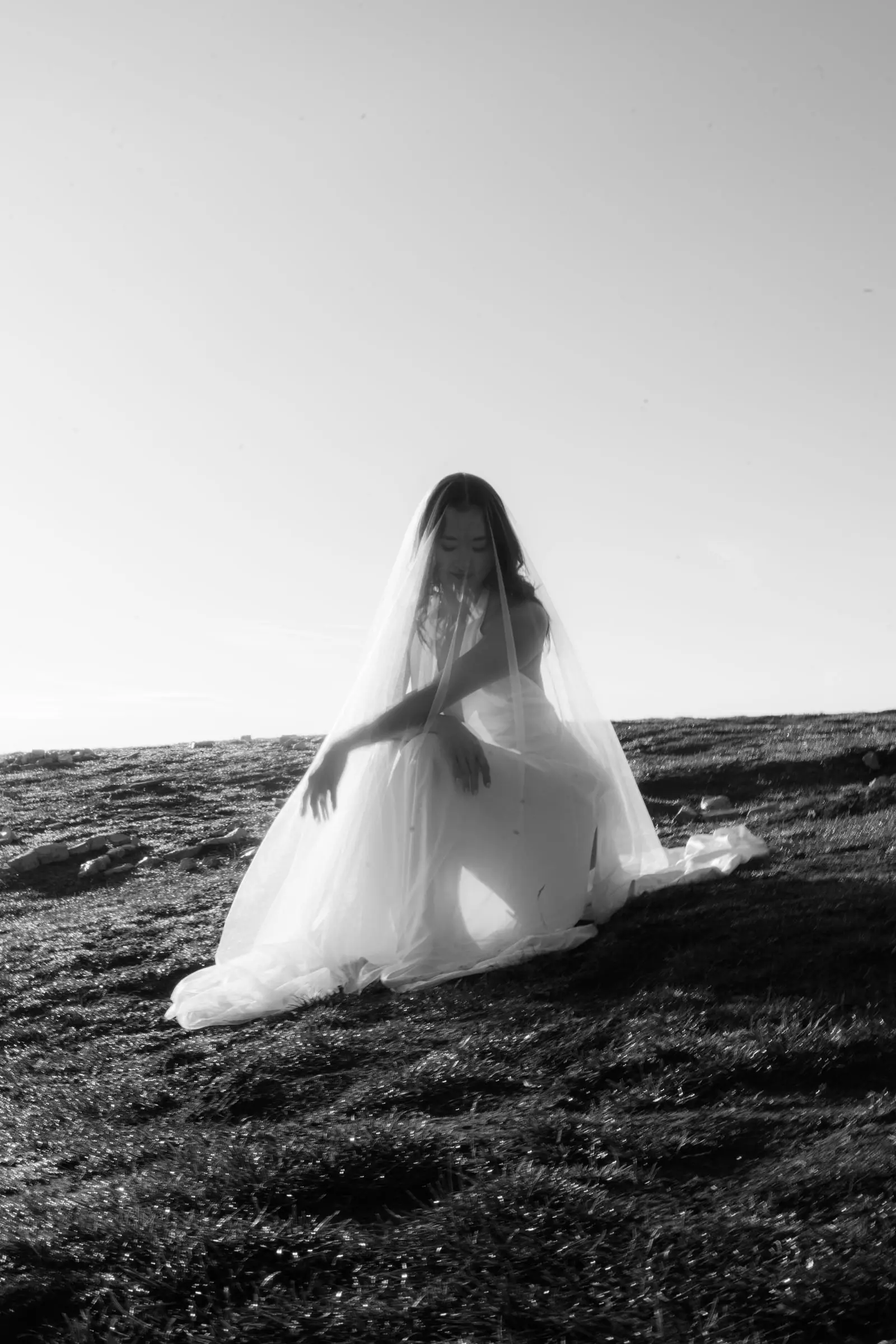 Black and white photo of the bride under a long veil sitting on the alpine grass