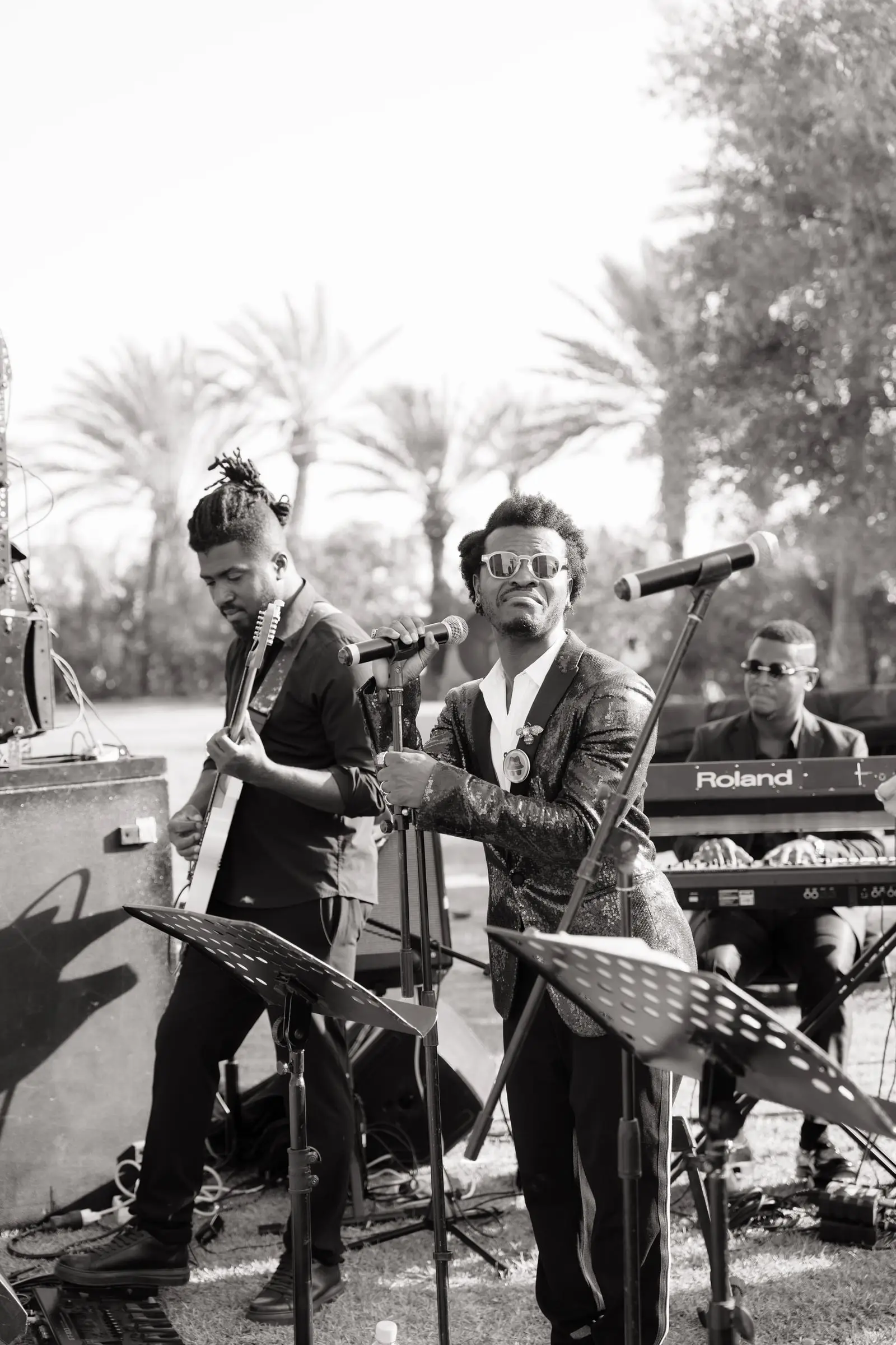Black and white photo of the live band playing