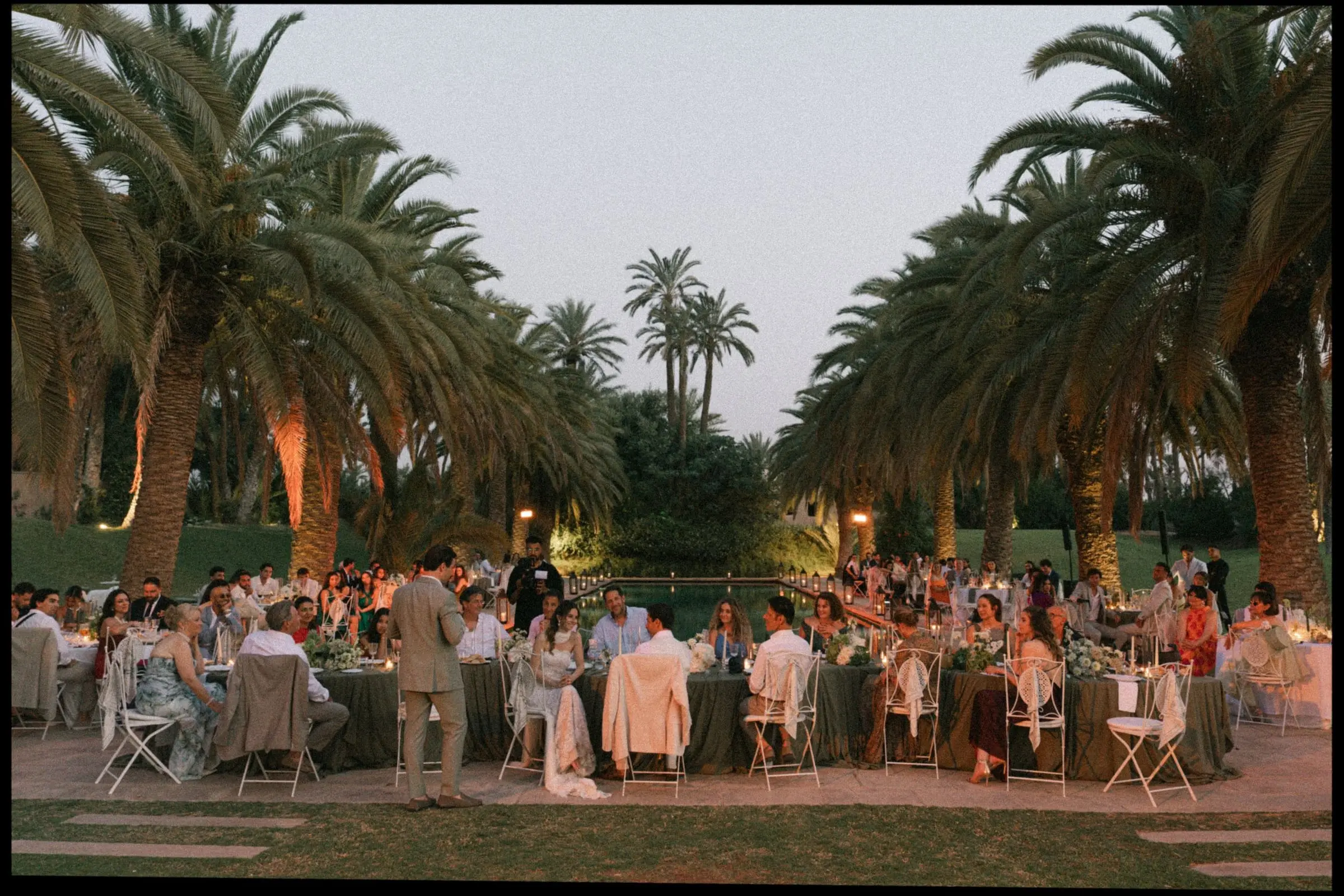 Guests at dinner under palm trees at dusk, on film