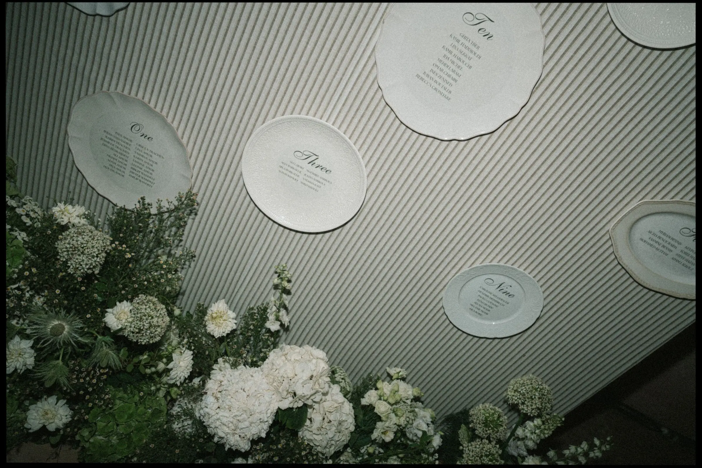 Seating chart written on white plates, with hydrangeas, on film