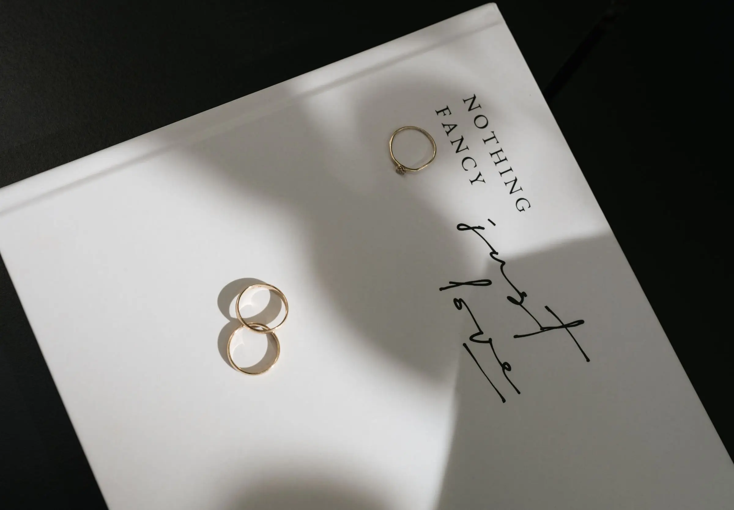 Wedding rings on a card reading Nothing Fancy, Just Love