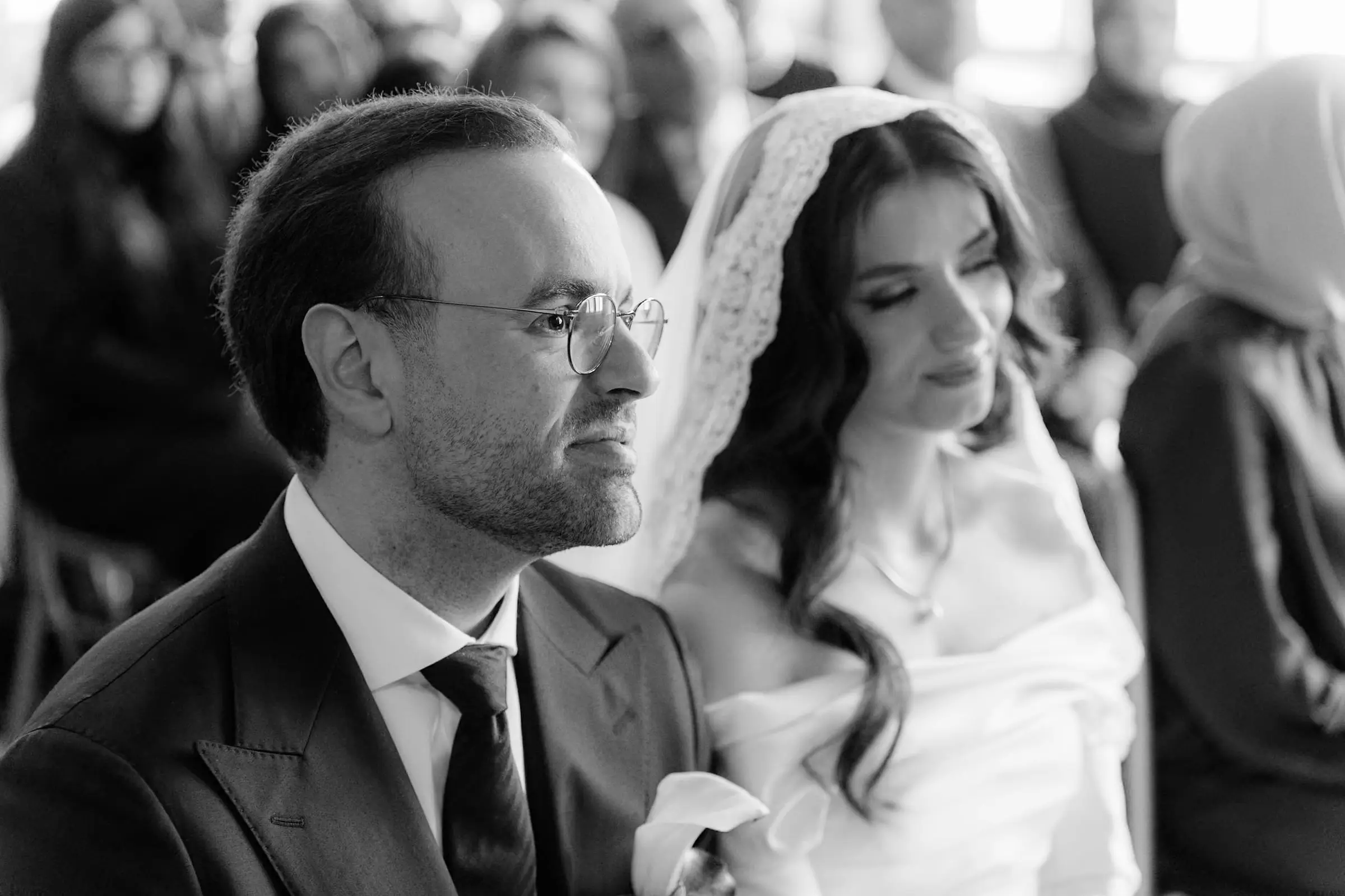 Black and white photo of the couple during the civil ceremony