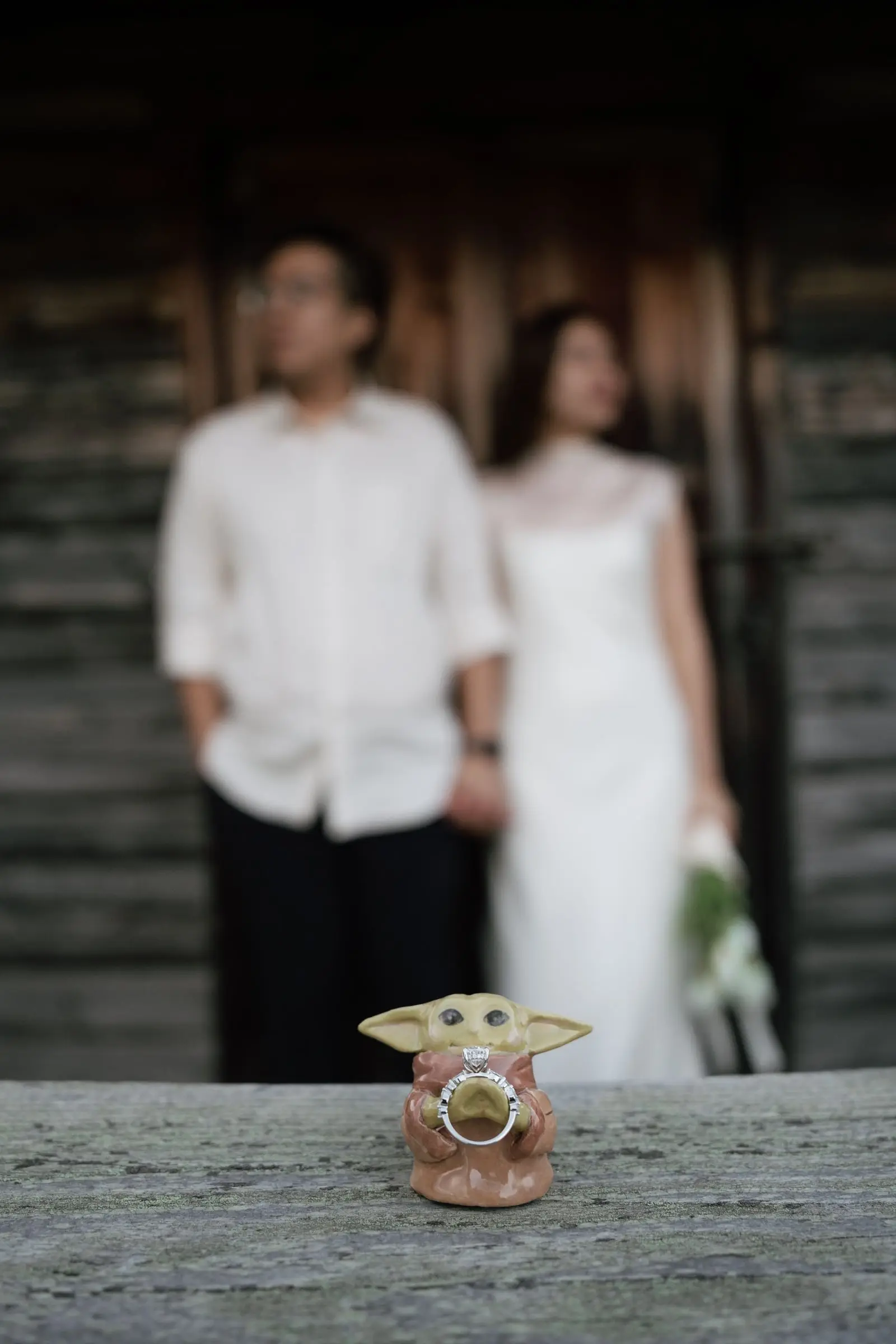 Engagement ring in a small figurine on a wooden railing, the couple blurred behind