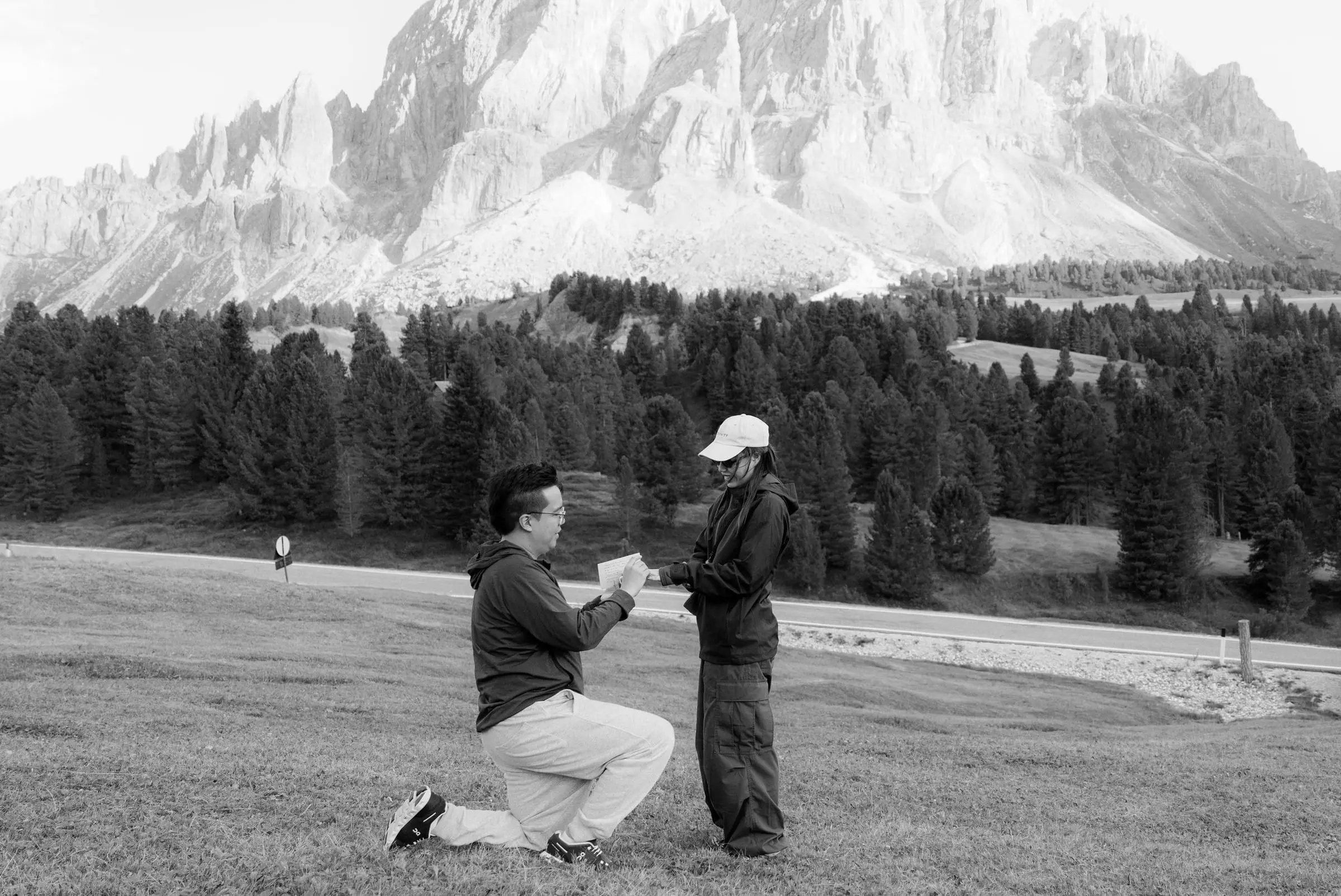 Black and white photo of the proposal in front of the Sass de Putia